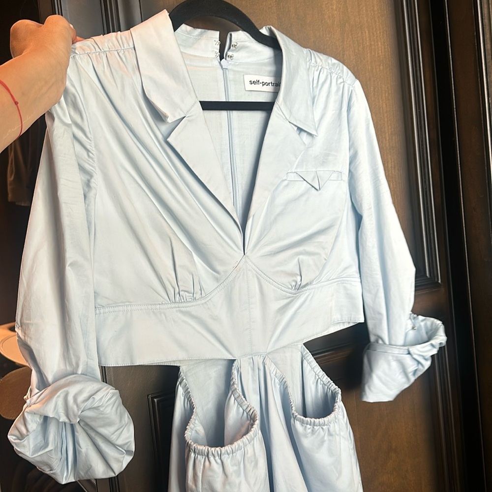 Blue Cotton long sleeve midi dress